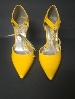 Yellow Pointed-Toe Lace-Up Women's Heels
